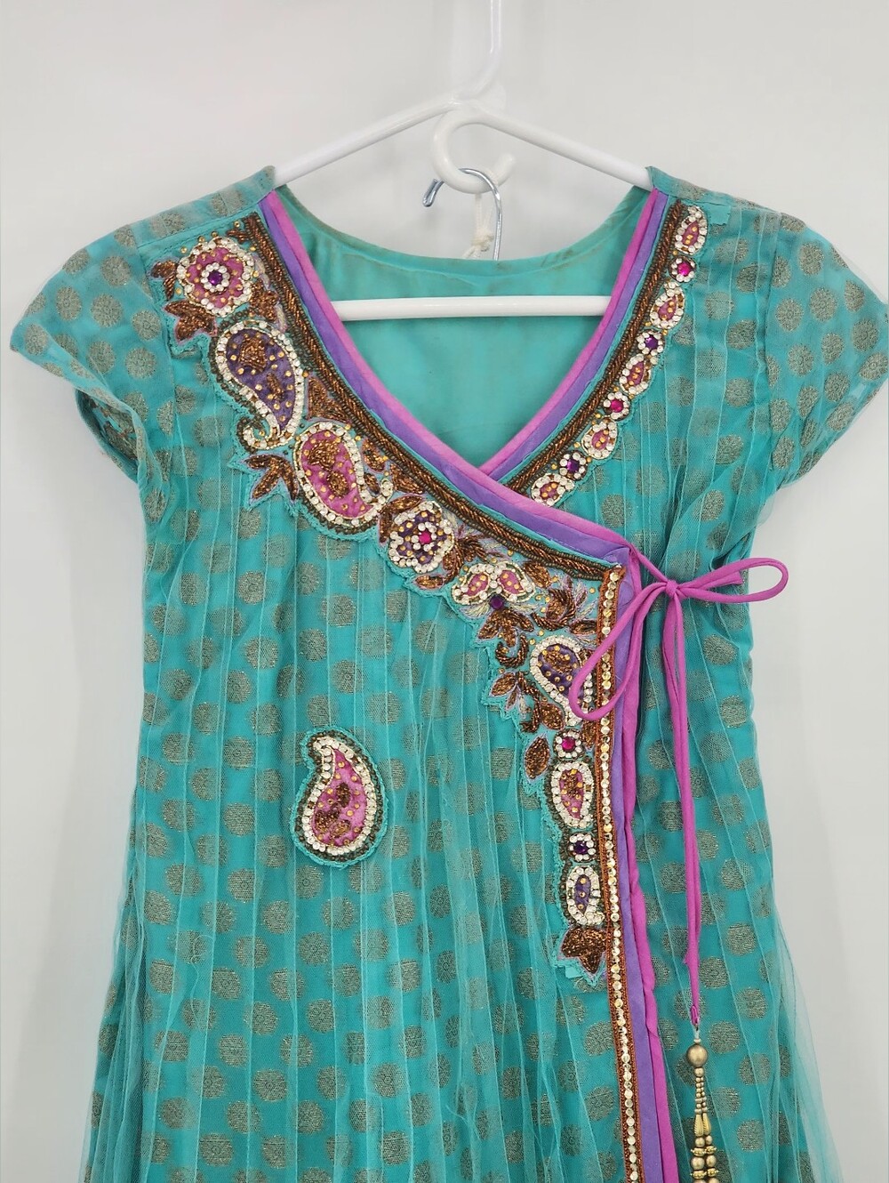 Turquoise & Pink Embellished Anarkali Dress Set, Size 6 years, 7 years Old - Picture 3 of 7